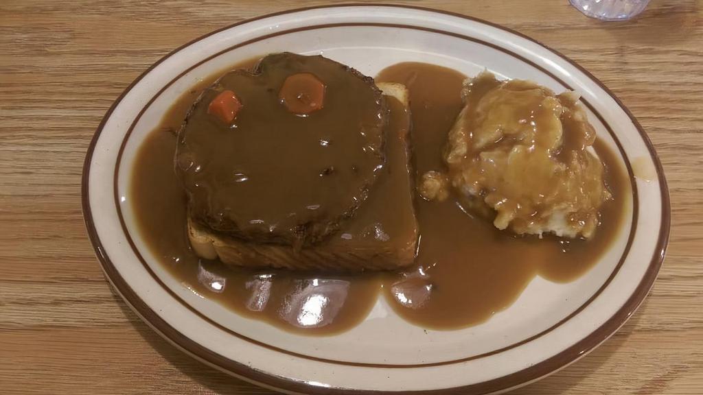 Open Faced Hamburger · Smothered with brown gravy and served with homemade mashed potatoes and texas toast. Served with your choice of French fries, cup of soup, fresh fruit, side salad or coleslaw.