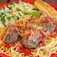 Meatball Spaghetti · Rich zesty Italian red sauce just like Mama used to make. Served with  homemade breadstick. ...