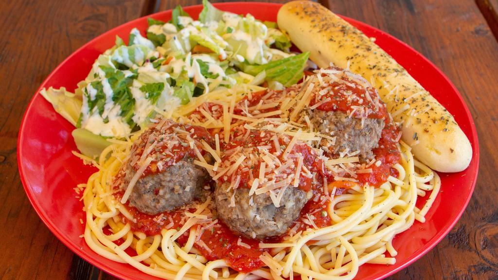 Meatball Spaghetti · Rich zesty Italian red sauce just like Mama used to make. Served with  homemade breadstick. Pasta cooked to order.