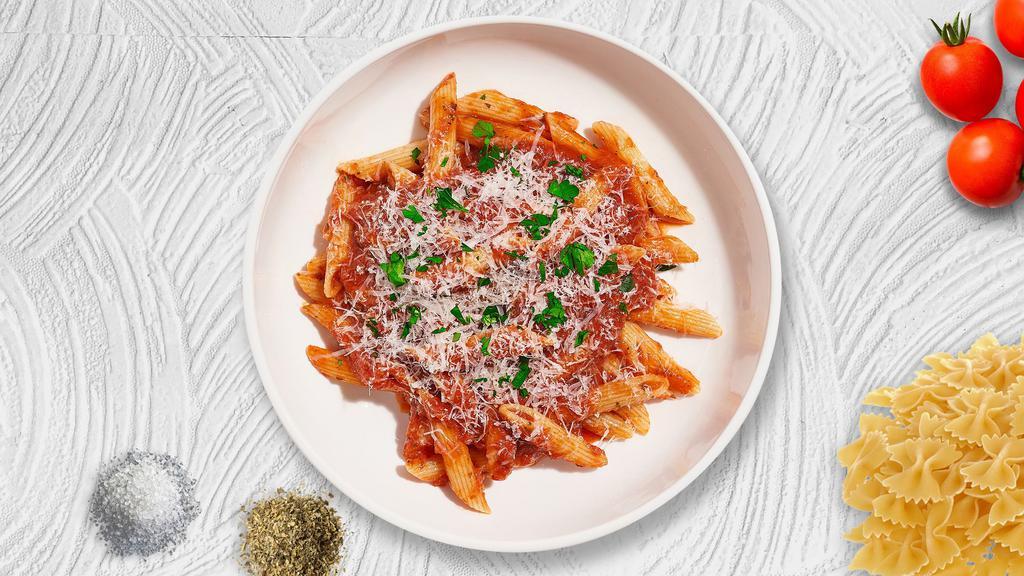 Penne Wise And Tomato Sauce · Fresh penne pasta served with a house vegan tomato sauce and your choice of toppings.