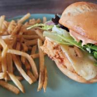 Buttermilk Fried Chicken Sandwich · Our famous fried chicken breast, havarti, L & T, toasted bun, chipotle sauce.