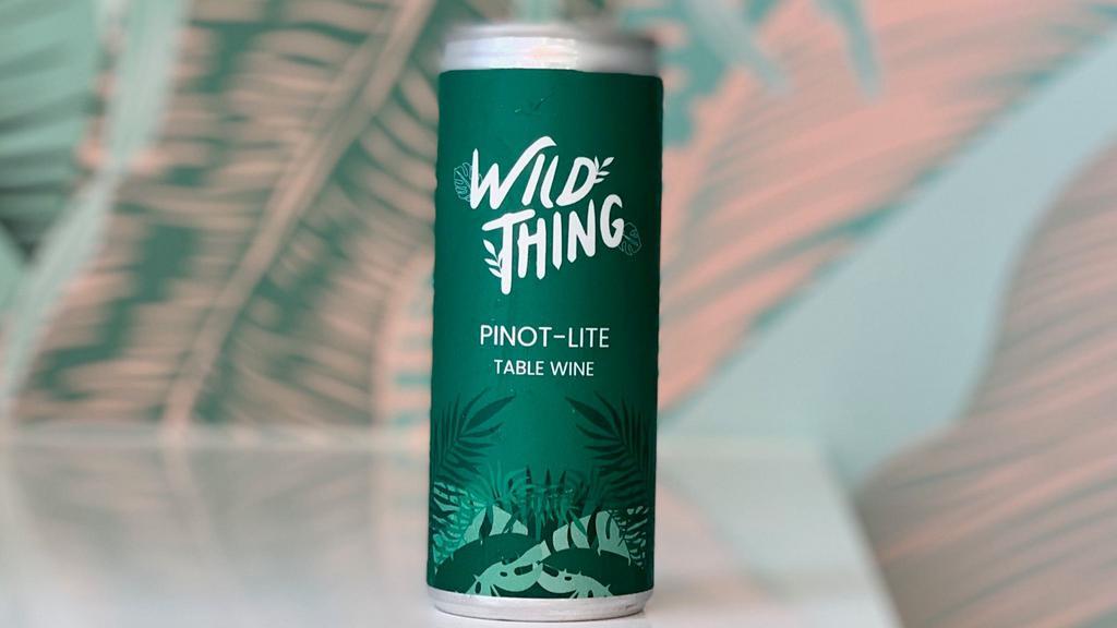 Wild Thing Pinot-Lite Wine Can · 250ml Can. Wild Thing Pinot-Lite. 67% Pinot Gris/ 33% Pinot Noir 2020 Willamette Valley, OR. 

A light, juicy red (almost a dark rosé) intended to be served chilled. Raspberry, blood orange, rose and bing cherry. Perfect happy hour or picnic wine!
