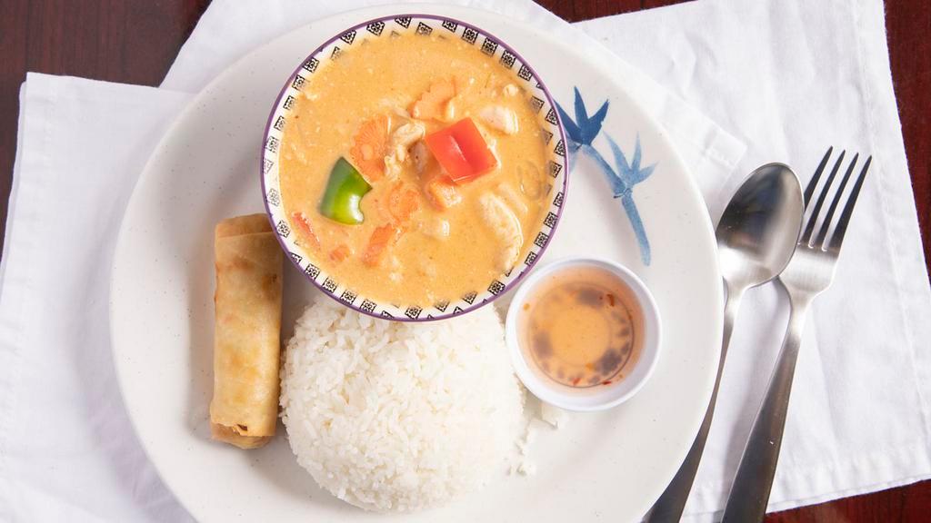 Red Curry · Curry with coconut milk, bamboo shoots, and basil leaves.