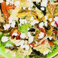 Field Greens & Roasted Veggies Salad (570 Cal) · field greens, spinach, feta cheese, mushroom, onions, peppers, artichokes, sweet balsamic vi...