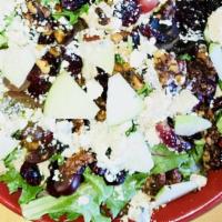 Valley Field Greens Salad (690 Cal) · field greens, gorgonzola cheese, grilled chicken, red grapes, apples, craisins, candied waln...