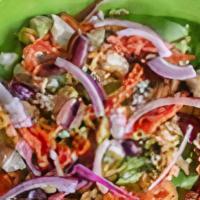 Mediterranean Salad · Fresh mixed leaf lettuce & spinach, red onions, kalamata olives, roasted artichoke hearts, a...