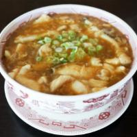 Hot And Sour Soup · Spicy. Chicken, shrimp, tofu, mushrooms, eggs, and green onions.