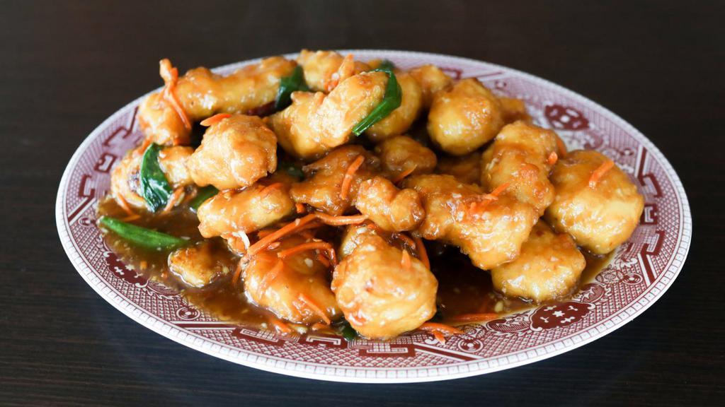 Orange Chicken · Spicy. Breaded chicken dried chilies, carrots, green onions.