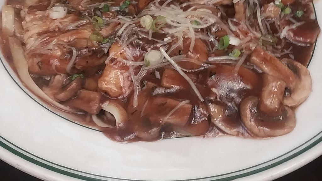 Chicken Marsala · Breast of chicken cutlets dredged in floured and seasoned with marjoram, then pan-fried and topped with a mushroom and marsala demi-glace. Served over fettuccine aglio olio. Recommended wines: chardonnay