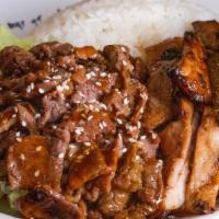 Chicken & Beef · Served with rice and salad.