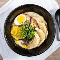 Gyoza Ramen · Gyoza(4pcs.), Roasted Pork(2pcs.),Kikurage Mushroom, Sprouts,Half-cut Boiled Egg and Fresh G...