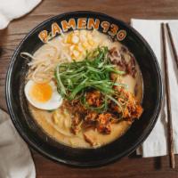 Miso Ramen · Miso Base with Roasted Pork(2pcs.),Kikurage Mushroom, Sprouts,Half-cut Boiled Egg, Corn, and...