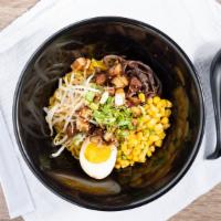 Maje Ramen(Broth Less) · Roasted Chahsu, Kikurage Mushroom, Sprouts,Half-cut Boiled Egg, Corn, and Fresh Green Onion