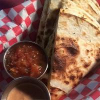 Quesadilla · Jakc and cheddar cheese melted in flour tortilla served with housemade salsa and chipotle ai...