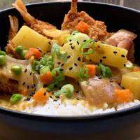 Ebi Curry Rice ( Breaded Shrimps) · A Japanese style dish, breaded shrimps, with  potato ,onion, snow pea  and carrots in a twis...