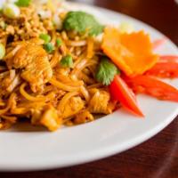 Pad Thai Noodles · Rice noodles stir fried with egg, bean sprouts, ground peanuts, and green onion.