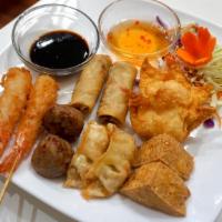 Party Combo · Two spring rolls, two crab puffs, two coconut prawns, two pot stickers, two fried tofu, and ...