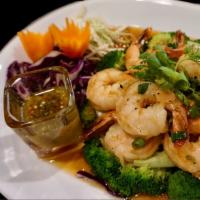 S-5 Angel Prawn (Gf) · Shrimp stir fry with garlic,black pepper, cabbage,green onion,cilantro and broccoli served w...