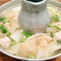 Shrimp Wonton Soup · Traditional Thai soup with shrimp wonton, ground chicken, green onion, cilantro and napa cab...