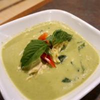 Green Curry (Gf)(Vg) · Spicy. Bell pepper, bamboo shoot and basil in green curry paste and coconut milk.