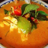 Panang Curry (Gf)(Vg) · Spicy. Bell pepper green beans and basils in panang curry paste and coconut milk.