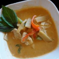 Red Curry (Gf)(Vg) · Spicy. Bell pepper, bamboo shoot and basil in red curry paste and coconut milk.