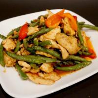 Pad Prik Khing (Gf) · Spicy. Basil, green beans and bell pepper.