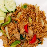 Basil Fried Rice (Gf) · Fried rice with basil, onions, bell pepper, egg, cucumber and lime.