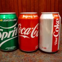 Can Soda · Coke, diet coke, lemonade, root beer, sprite.