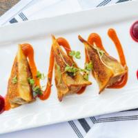 Boot Dumplings · Pork belly and shrimp, mango chipotle sauce and beet coulis.