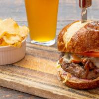 Bootlegger Burger · Muenster cheese, whiskey, onions, confit slab bacon, lettuce, tomssto, red onion, dijonnaise...