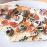 Calabrese Pizza · Fresh mozzarella, basil, spicy calabrese sausage, mushrooms, castelvetrano olives, grana pad...