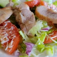 Chef Salad · Grilled chicken, lettuce, tomato, onion, grated parmesan, olive oil, vinegar.