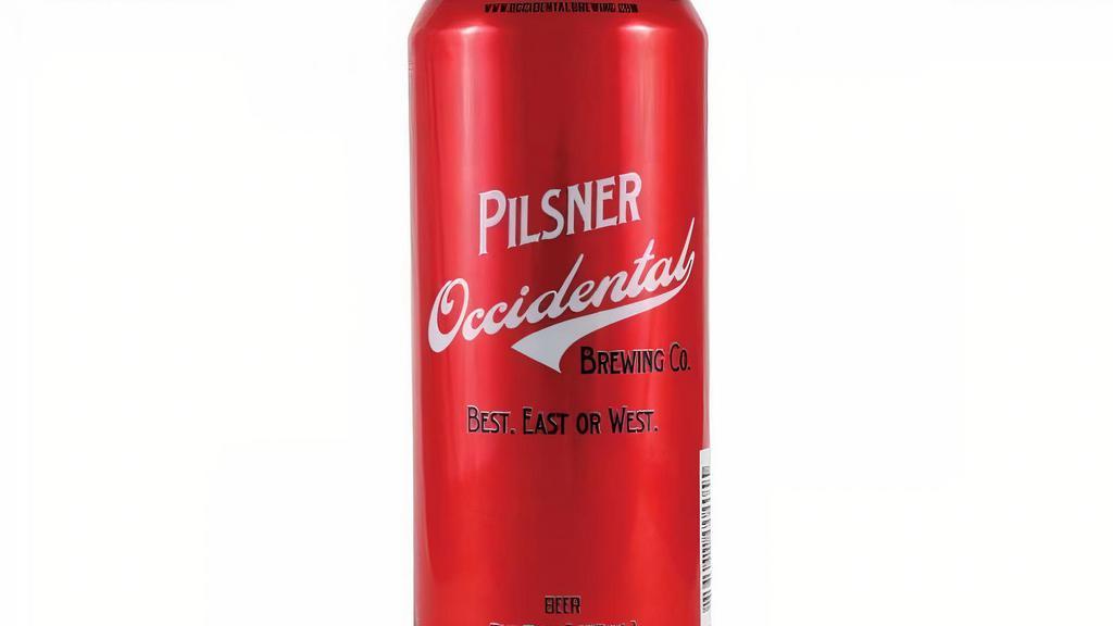 Occidental – Pilsner · Occidental's take on the lager style that changed the beer world forever. This is a largely Bohemian-style pilsner with a bit of a Bavarian pedigree. Crisp, clean and dry. Czech hops crown this beautiful beer.  4.8% ABV
