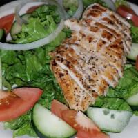 Grilled Chicken Salad · Mixed greens, cucumbers, tomato, peppers, olives and croutons topped with grilled chicken br...
