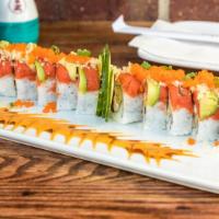Bronco Roll · Shrimp tempura, tuna and crab topped with avocado, spicy tuna, eel sauce, spicy mayo, masago...