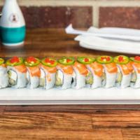 Hot Mama Roll · Spicy. Spicy salmon and cucumber topped with seared salmon, jalapeno and ponzu sauce.