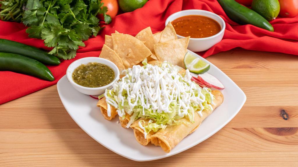 4 Tacos Dorados De Pollo · Golden crispy chicken tacos. Served with lettuce, Mexican cheese and sour cream.