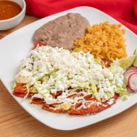 3 Enchiladas Combo Plate · Cheese, braised pork, steak or chicken. Served with lettuce, sour cream and Cheese.
