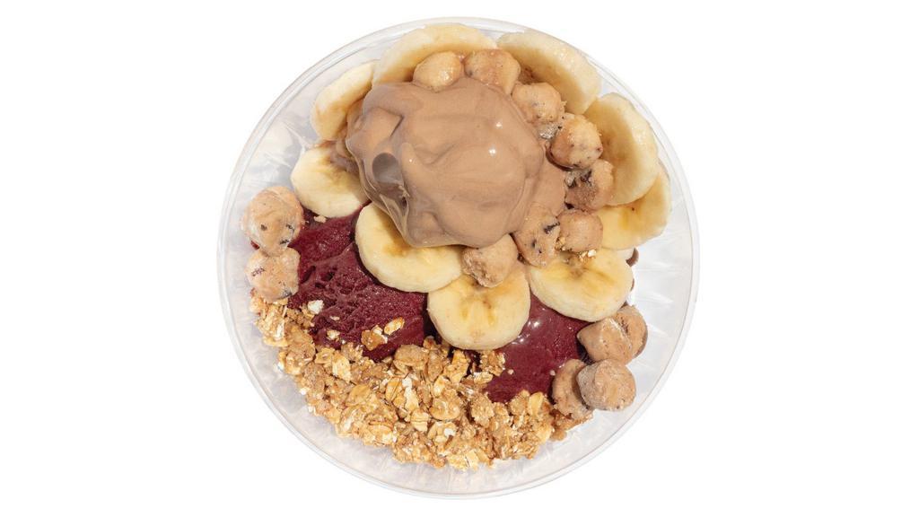 Pb Power Boost Acai Bowl · Made with Sambazon Acai and Creamy  Peanut Butter   froyo topped with granola, banana and carob chips