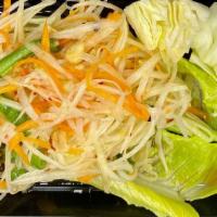 Somtum Thai (Papaya Salad)(Gf) · Sweet and sour Thai salad, made with fresh shredded green papaya, carrot, peanut, tomato, st...