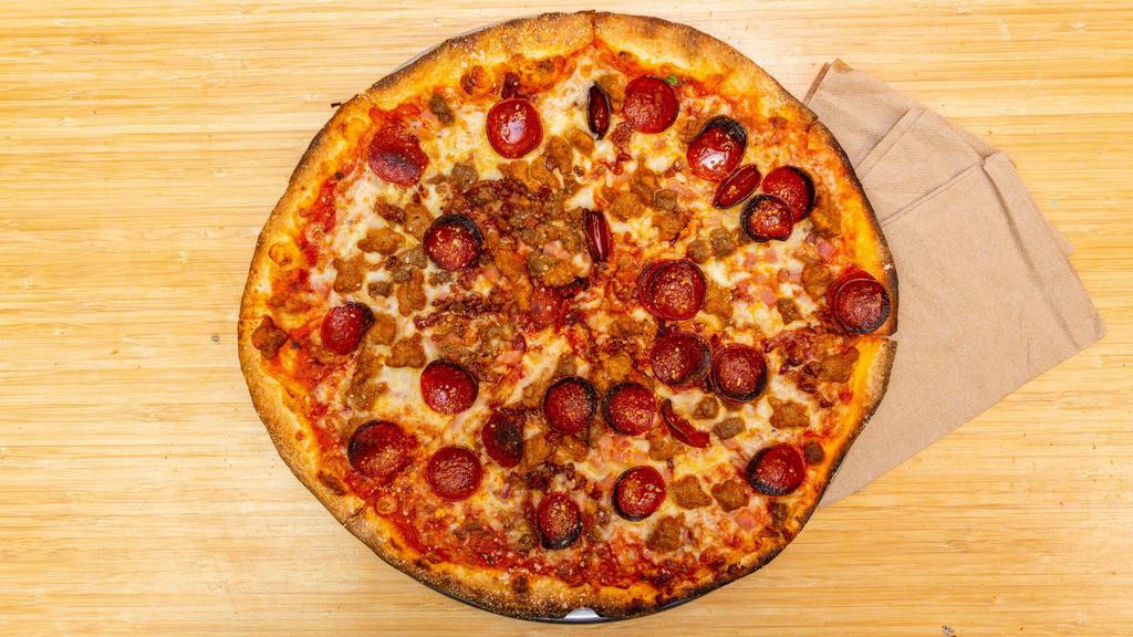 The Meats - 16 In · Pork Pepperoni, Beef Crumble, Bacon, Ham, Italian Sausage.