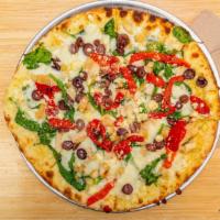 The Greek -12 In · Garlic Oil Base, Spinach, Chicken, Kalamata Olives, Roasted Red Peppers, Feta