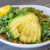 Caesar Seed Salad · Vegan. Garlic Sage Chickpea Croutons, Kale, Greens, Tahini Caesar Dressing, and Hemp Heart P...