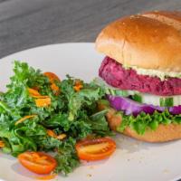 Beet Burger · Vegan. Shack Made of Beet Patty, Mashed Avocado, Cucumber, Greens, and Lemon Tahini. 
Served...