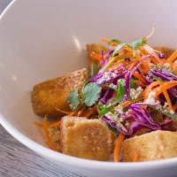 Rainbow Tofu Vermicelli · Vegan. Fried Five Spices Tofu, Cilantro, Carrot, Cabbage Slaw, Peanut, Onion, and Peppery So...