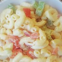 Macaroni Salad · Vegan. Macaroni, Red Bell Pepper, Celery, Onion, Vegan Mayo.