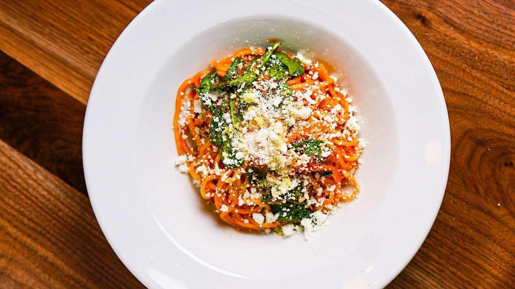 Pomodoro (Vegetarian) · Plum tomatoes sauce, baby spinach, topped with Sardinian salted ricotta.