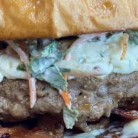 Wild Boar Burger · wild boar patty, green chili goat cheese, brussel sprout-carrot-apple slaw, sweet and spicy ...