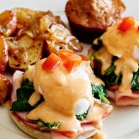 Tavern Benedict · Virginia cured ham or sliced grilled chicken breast, sautéed fresh spinach, diced Roma tomat...